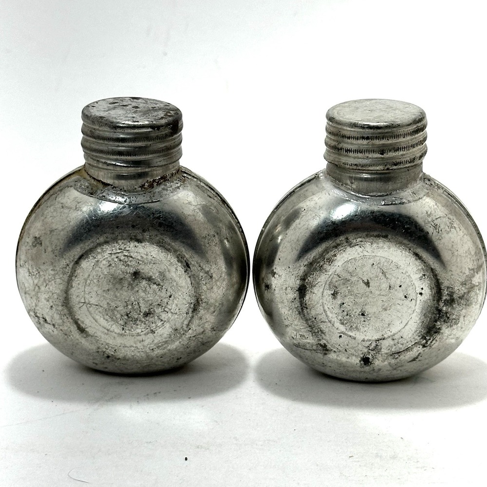 Vintage Steel Gun Oil Bottles Pair Round Military Rifle Oiler Screw Cap - Picture 4 of 10